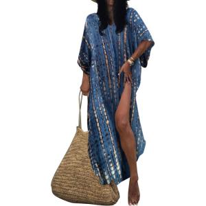 imageBsubseach Kaftan Dresses for Women Kaftan Cover Ups Swimwear Plus Size Tie Dye Kaftans Maxi Dress Long Beach Cover UpBlueBeige