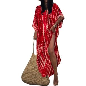 imageBsubseach Kaftan Dresses for Women Kaftan Cover Ups Swimwear Plus Size Tie Dye Kaftans Maxi Dress Long Beach Cover UpC Red