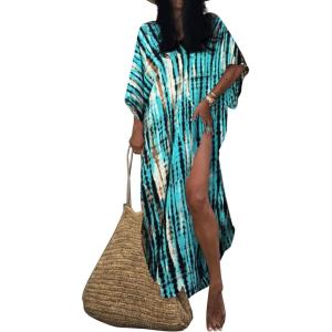 imageBsubseach Kaftan Dresses for Women Kaftan Cover Ups Swimwear Plus Size Tie Dye Kaftans Maxi Dress Long Beach Cover UpCblue Print