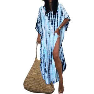 imageBsubseach Kaftan Dresses for Women Kaftan Cover Ups Swimwear Plus Size Tie Dye Kaftans Maxi Dress Long Beach Cover UpClight Blue