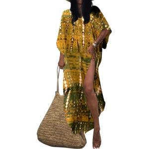 imageBsubseach Kaftan Dresses for Women Kaftan Cover Ups Swimwear Plus Size Tie Dye Kaftans Maxi Dress Long Beach Cover UpCyellow Green
