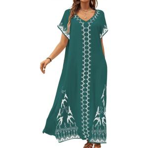 imageBsubseach Kaftan Dresses for Women Swimsuit Coverup Beach Caftans Cover Ups for Swimwear Loungewear Bird EmbroideryLdark Green