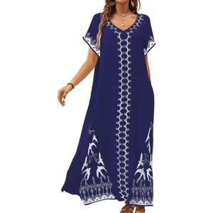 imageBsubseach Kaftan Dresses for Women Swimsuit Coverup Beach Caftans Cover Ups for Swimwear Loungewear Bird EmbroideryLnavy Blue
