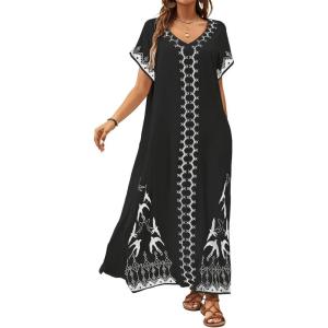 imageBsubseach Kaftan Dresses for Women Swimsuit Coverup Beach Caftans Cover Ups for Swimwear Loungewear Bird EmbroideryYblack