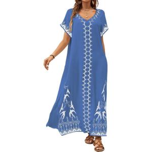 imageBsubseach Kaftan Dresses for Women Swimsuit Coverup Beach Caftans Cover Ups for Swimwear Loungewear Bird EmbroideryYblue