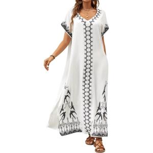 imageBsubseach Kaftan Dresses for Women Swimsuit Coverup Beach Caftans Cover Ups for Swimwear Loungewear Bird EmbroideryYwhite