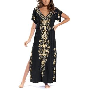 imageBsubseach Swimsuit Cover Ups Embroidery V Neck Short Sleeve Swim Cover Up for Women Kaftan DressesBlack