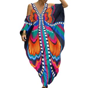 imageBsubseach Turkish Cold Shoulder Kaftan Dresses Swimsuit Cover Up Maxi Dress Beach Cover UpsAcolorful Butterfly