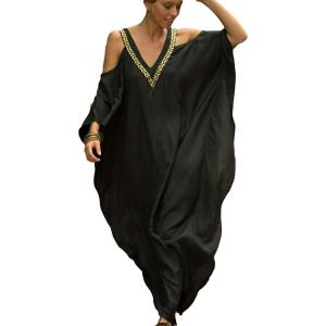 imageBsubseach Turkish Cold Shoulder Kaftan Dresses Swimsuit Cover Up Maxi Dress Beach Cover UpsBlack