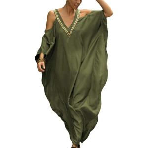 imageBsubseach Turkish Cold Shoulder Kaftan Dresses Swimsuit Cover Up Maxi Dress Beach Cover UpsCarmy Green
