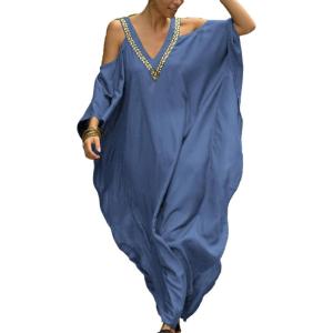 imageBsubseach Turkish Cold Shoulder Kaftan Dresses Swimsuit Cover Up Maxi Dress Beach Cover UpsCblue