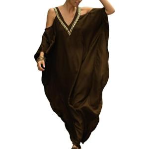 imageBsubseach Turkish Cold Shoulder Kaftan Dresses Swimsuit Cover Up Maxi Dress Beach Cover UpsCbrown