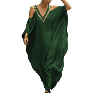 imageBsubseach Turkish Cold Shoulder Kaftan Dresses Swimsuit Cover Up Maxi Dress Beach Cover UpsCdark Green