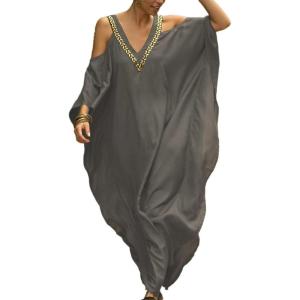 imageBsubseach Turkish Cold Shoulder Kaftan Dresses Swimsuit Cover Up Maxi Dress Beach Cover UpsCgrey