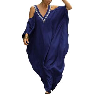 imageBsubseach Turkish Cold Shoulder Kaftan Dresses Swimsuit Cover Up Maxi Dress Beach Cover UpsCnavy Blue