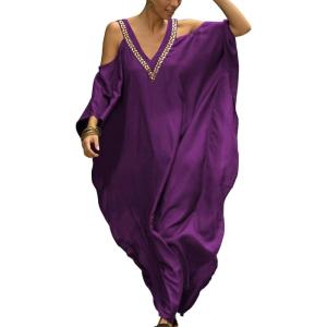 imageBsubseach Turkish Cold Shoulder Kaftan Dresses Swimsuit Cover Up Maxi Dress Beach Cover UpsCpurple