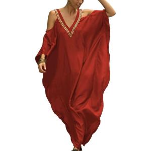 imageBsubseach Turkish Cold Shoulder Kaftan Dresses Swimsuit Cover Up Maxi Dress Beach Cover UpsCred Orange
