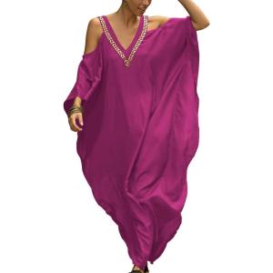 imageBsubseach Turkish Cold Shoulder Kaftan Dresses Swimsuit Cover Up Maxi Dress Beach Cover UpsCrose Red