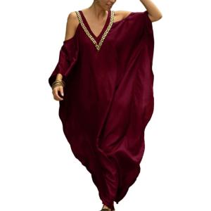imageBsubseach Turkish Cold Shoulder Kaftan Dresses Swimsuit Cover Up Maxi Dress Beach Cover UpsCwine Red