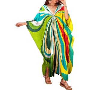 imageBsubseach Women Solid Color Cover Up V Neck Batwing Sleeve Plus Size Beach Kaftan DressesDgreen