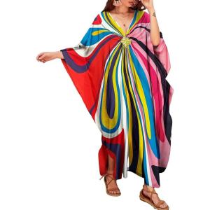 imageBsubseach Women Solid Color Cover Up V Neck Batwing Sleeve Plus Size Beach Kaftan DressesDred