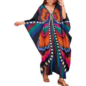 imageBsubseach Women Solid Color Cover Up V Neck Batwing Sleeve Plus Size Beach Kaftan DressesEblack