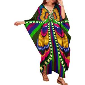 imageBsubseach Women Solid Color Cover Up V Neck Batwing Sleeve Plus Size Beach Kaftan DressesEgreen