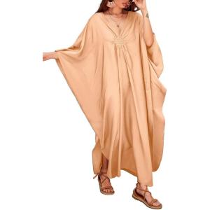 imageBsubseach Women Solid Color Cover Up V Neck Batwing Sleeve Plus Size Beach Kaftan DressesFapricot