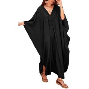 imageBsubseach Women Solid Color Cover Up V Neck Batwing Sleeve Plus Size Beach Kaftan DressesFblack