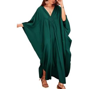 imageBsubseach Women Solid Color Cover Up V Neck Batwing Sleeve Plus Size Beach Kaftan DressesFdark Green