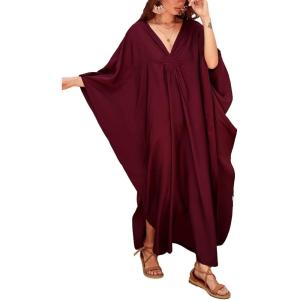 imageBsubseach Women Solid Color Cover Up V Neck Batwing Sleeve Plus Size Beach Kaftan DressesFdark Red