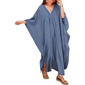 imageBsubseach Women Solid Color Cover Up V Neck Batwing Sleeve Plus Size Beach Kaftan DressesFdenim Color