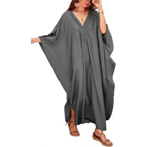 imageBsubseach Women Solid Color Cover Up V Neck Batwing Sleeve Plus Size Beach Kaftan DressesFgrey