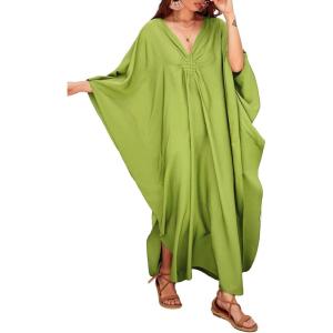 imageBsubseach Women Solid Color Cover Up V Neck Batwing Sleeve Plus Size Beach Kaftan DressesFlight Green