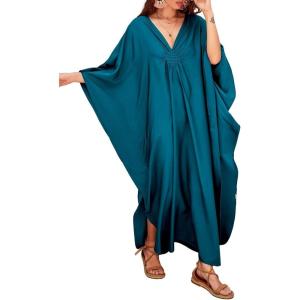 imageBsubseach Women Solid Color Cover Up V Neck Batwing Sleeve Plus Size Beach Kaftan DressesFpeacock Blue