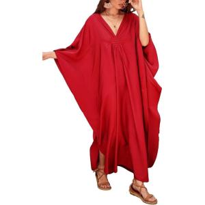 imageBsubseach Women Solid Color Cover Up V Neck Batwing Sleeve Plus Size Beach Kaftan DressesFred