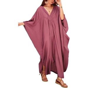 imageBsubseach Women Solid Color Cover Up V Neck Batwing Sleeve Plus Size Beach Kaftan DressesFrose Red