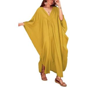imageBsubseach Women Solid Color Cover Up V Neck Batwing Sleeve Plus Size Beach Kaftan DressesFyellow