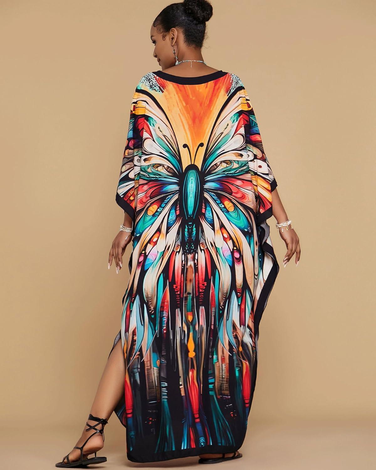 imageBsubseach Kaftan Dresses for Women Floral Print Caftans Bathing Suit Cover Ups Plus Size Long Beach Coverup DressColorful Butterfly