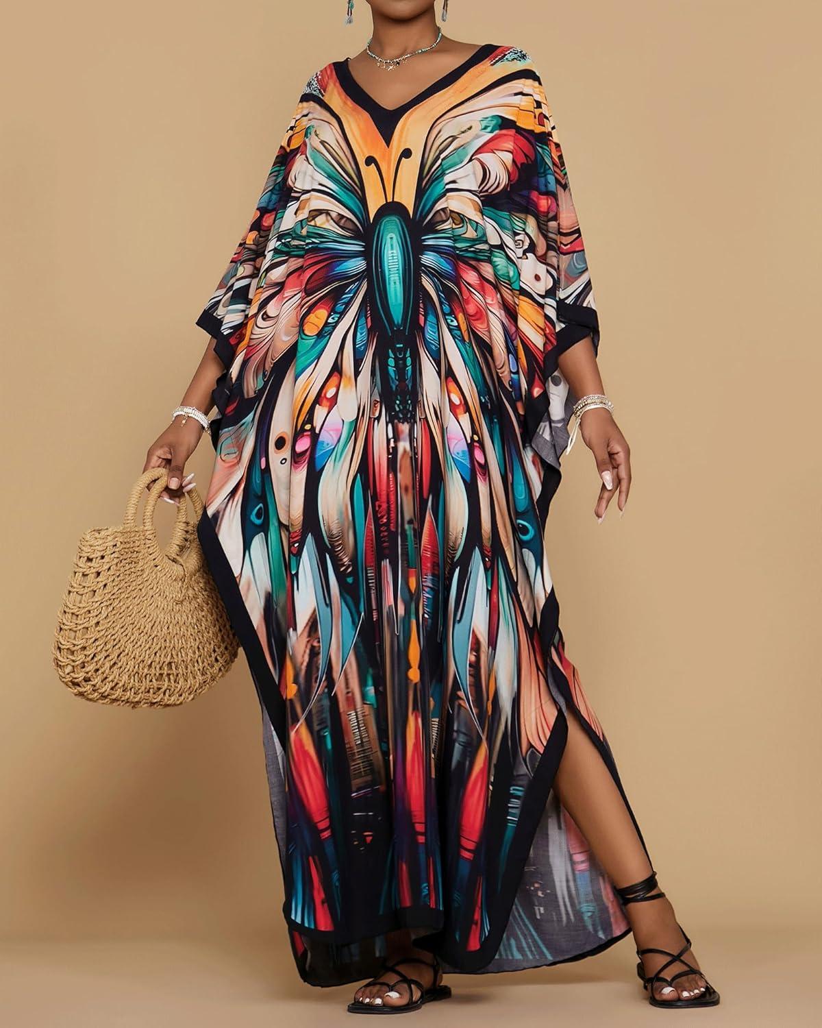 imageBsubseach Kaftan Dresses for Women Floral Print Caftans Bathing Suit Cover Ups Plus Size Long Beach Coverup DressColorful Butterfly
