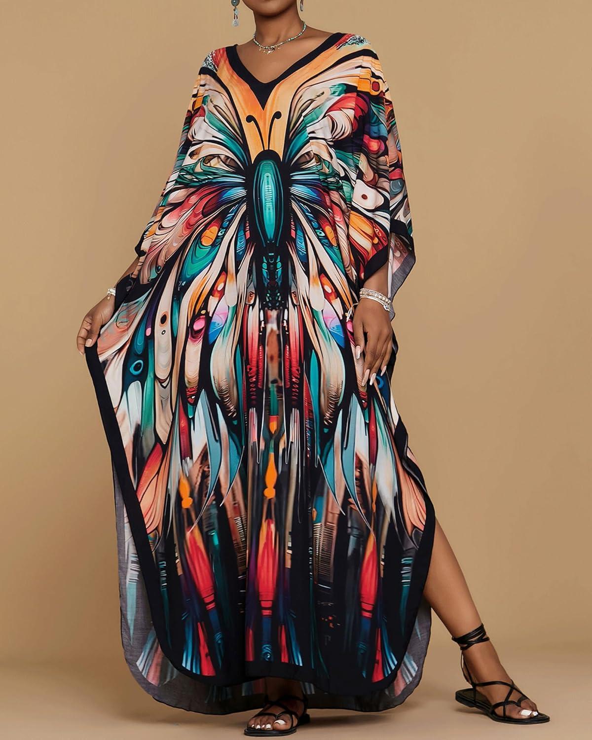 imageBsubseach Kaftan Dresses for Women Floral Print Caftans Bathing Suit Cover Ups Plus Size Long Beach Coverup DressColorful Butterfly