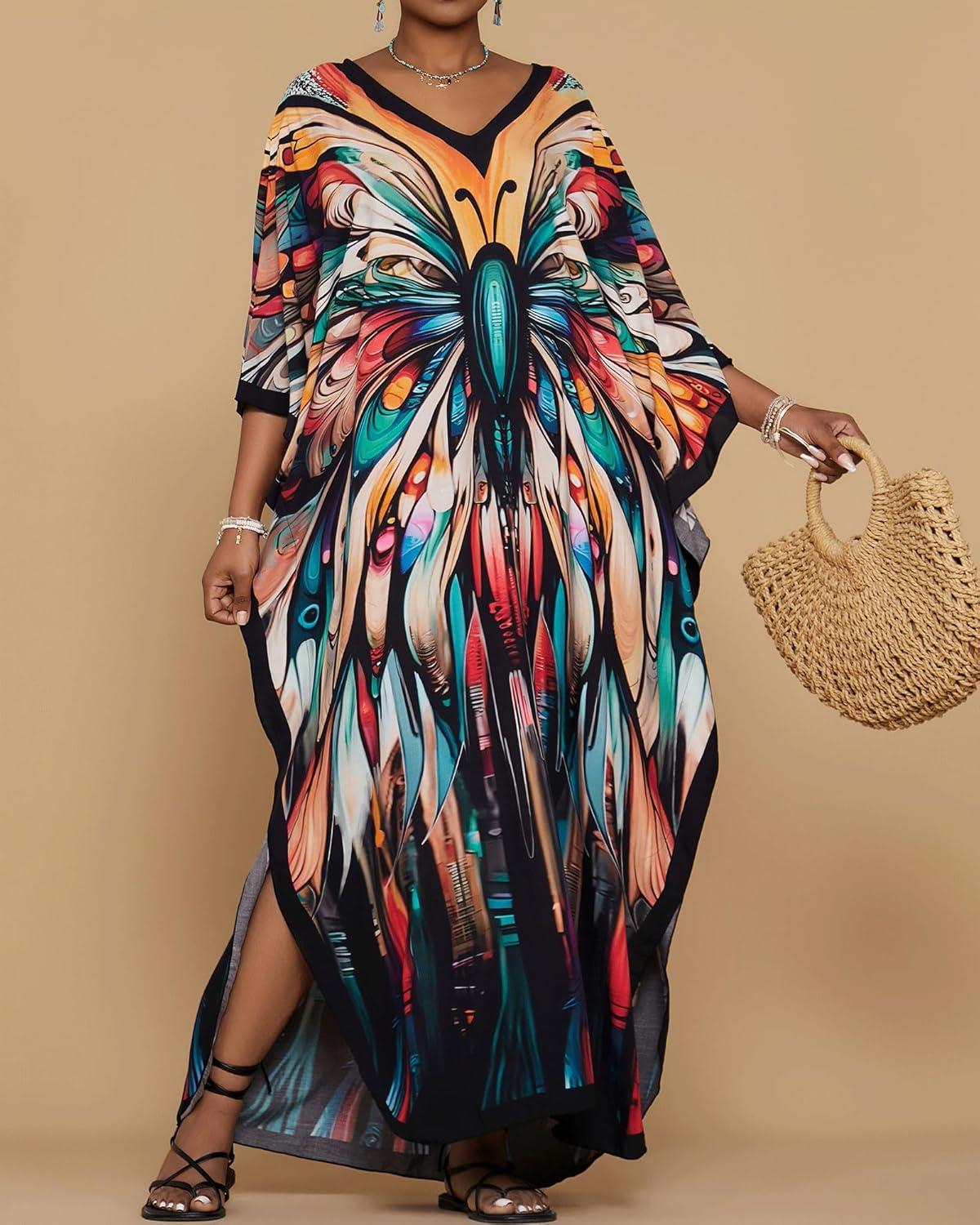 imageBsubseach Kaftan Dresses for Women Floral Print Caftans Bathing Suit Cover Ups Plus Size Long Beach Coverup DressColorful Butterfly