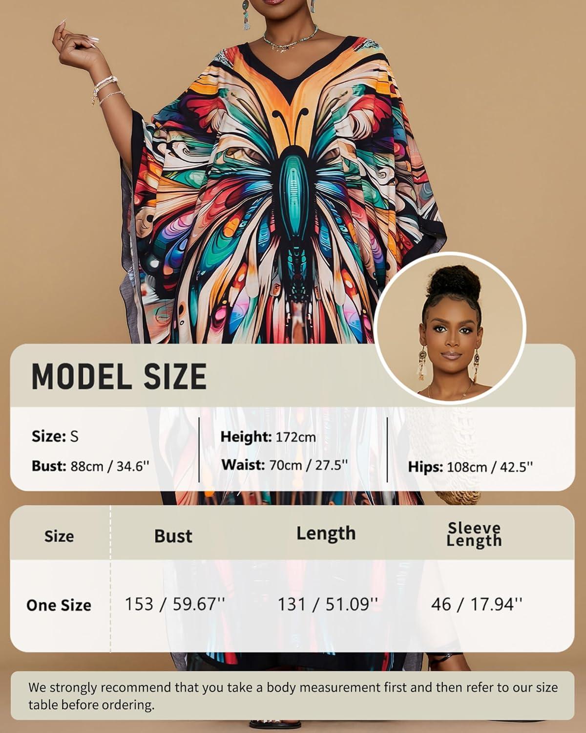 imageBsubseach Kaftan Dresses for Women Floral Print Caftans Bathing Suit Cover Ups Plus Size Long Beach Coverup DressColorful Butterfly