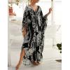 imageBsubseach Kaftan Dresses for Women Plus Size Swimsuit Cover Up V Neck Caftan Beach Dress LoungewearDblack Leaves