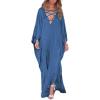 imageBsubseach Kaftan Dresses for Women V Neck Swimsuit Coverup Caftan Dress Womens Long Sleeve Flowy Beach DressEblue