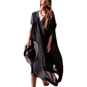 imageBsubseach Black Long Half Sleeve Beach Kaftan Dress Women Casual V Neck Side Slit Swimwear Bikini Cover Up