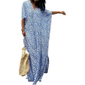 imageBsubseach Cheetah Plus Size Kaftan Dresses for Women Maxi Swimsuit Coverup Bathing Suit Caftans Long Cover Up Rayon SwimwearLeopard Blue