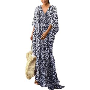 imageBsubseach Cheetah Plus Size Kaftan Dresses for Women Maxi Swimsuit Coverup Bathing Suit Caftans Long Cover Up Rayon SwimwearLeopard Grey