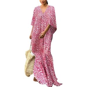 imageBsubseach Cheetah Plus Size Kaftan Dresses for Women Maxi Swimsuit Coverup Bathing Suit Caftans Long Cover Up Rayon SwimwearLeopard Pink