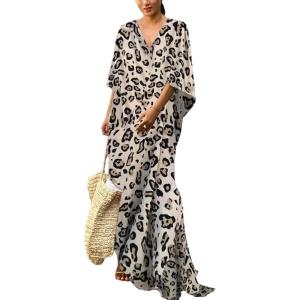 imageBsubseach Cheetah Plus Size Kaftan Dresses for Women Maxi Swimsuit Coverup Bathing Suit Caftans Long Cover Up Rayon SwimwearLeopard Print